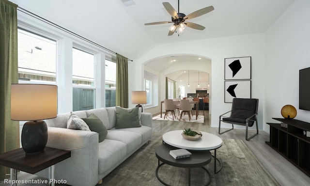 3806 Aqua Ln, Sherman, TX 75090 - living room featuring wood finished floors, arched walkways, a ceiling fan, vaulted ceiling, and baseboards