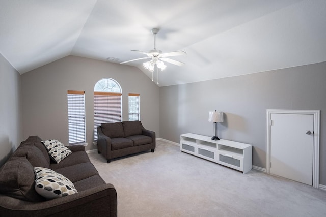 7807 Enchanted Isle Dr, Arlington, TX 76016 - living area with ceiling fan, vaulted ceiling, light colored carpet, and baseboards