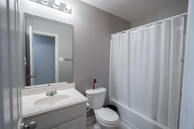 7807 Enchanted Isle Dr, Arlington, TX 76016 - full bathroom with vanity, toilet, shower / tub combo with curtain, a textured wall, and a textured ceiling