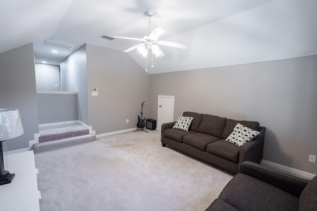 7807 Enchanted Isle Dr, Arlington, TX 76016 - living area with vaulted ceiling, carpet floors, ceiling fan, baseboards, and stairs