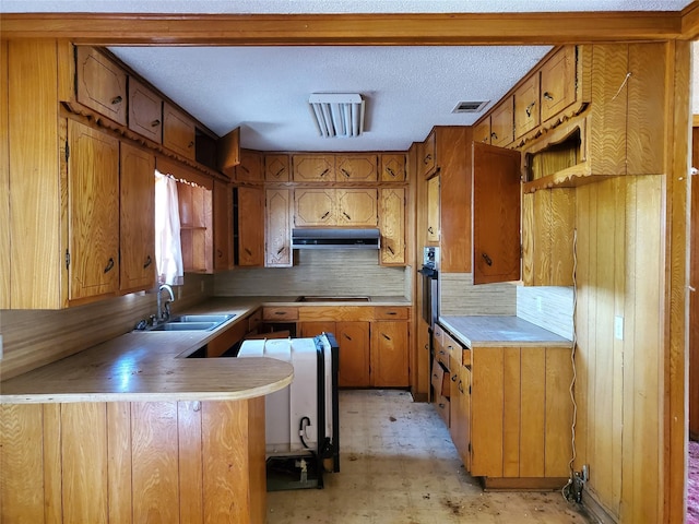 8740 County Road 2403, Tool, TX 75143 - kitchen featuring exhaust hood, brown cabinetry, light floors, a sink, and decorative backsplash