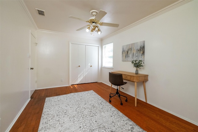 817 Edgehill Dr, Hurst, TX 76053 - office area featuring ornamental molding, wood finished floors, baseboards, and a ceiling fan