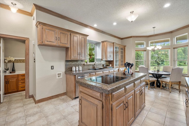 820 Windlake Cir, Heath, TX 75032 - kitchen with dishwasher, black electric cooktop, a sink, a center island, and ornamental molding