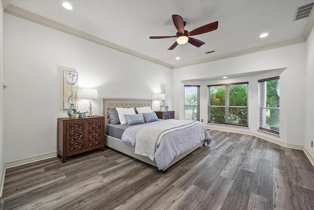 820 Windlake Cir, Heath, TX 75032 - bedroom featuring crown molding, wood finished floors, baseboards, recessed lighting, and ceiling fan