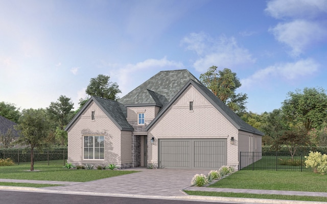 802 Marathon Ct, Rockwall, TX 75087 - french country inspired facade with brick siding, an attached garage, driveway, and roof with shingles