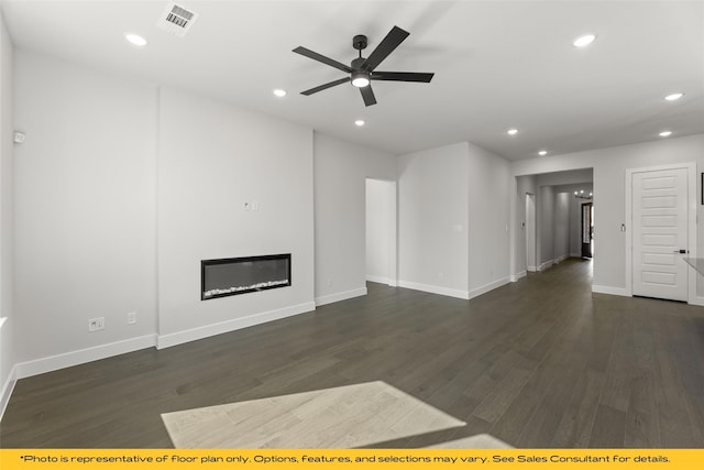 802 Marathon Ct, Rockwall, TX 75087 - unfurnished living room featuring recessed lighting, baseboards, a ceiling fan, dark wood-type flooring, and a glass covered fireplace