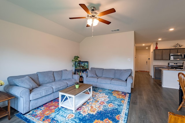 1003 Dewy Glen Ln, Princeton, TX 75407 - living area featuring ceiling fan, dark wood finished floors, recessed lighting, and vaulted ceiling