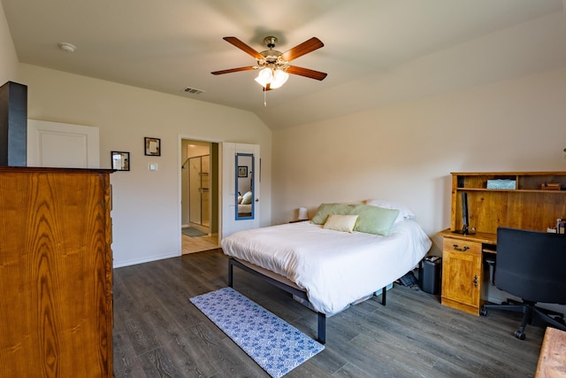 1003 Dewy Glen Ln, Princeton, TX 75407 - bedroom featuring dark wood finished floors, a ceiling fan, an office area, lofted ceiling, and baseboards