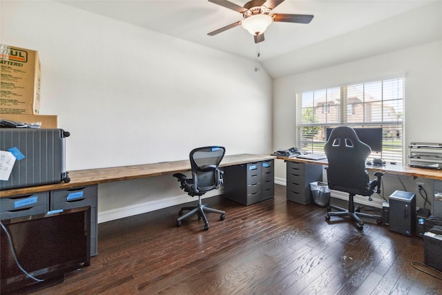 1424 Millican Ln, Aubrey, TX 76227 - home office with dark wood-style floors, ceiling fan, lofted ceiling, and baseboards