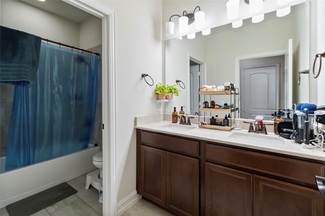 1424 Millican Ln, Aubrey, TX 76227 - full bath featuring double vanity, toilet, shower / tub combo with curtain, and tile patterned floors