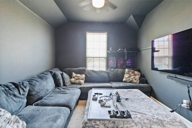 1424 Millican Ln, Aubrey, TX 76227 - living room with ceiling fan and vaulted ceiling