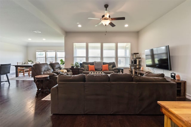 1424 Millican Ln, Aubrey, TX 76227 - living room with a ceiling fan, dark wood-type flooring, and recessed lighting