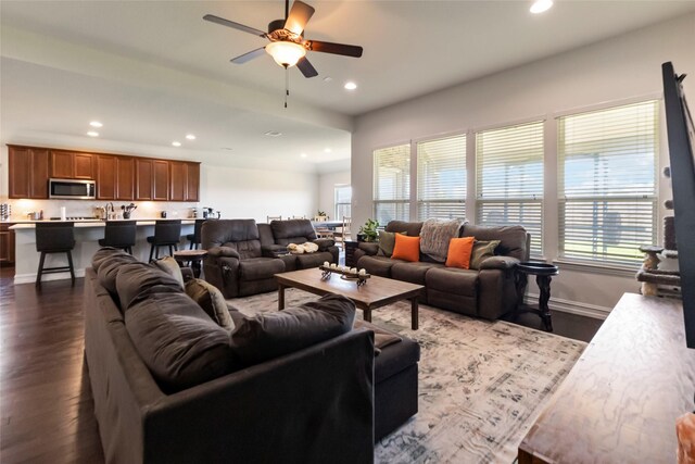 1424 Millican Ln, Aubrey, TX 76227 - living room featuring dark wood-style floors, plenty of natural light, recessed lighting, and a ceiling fan