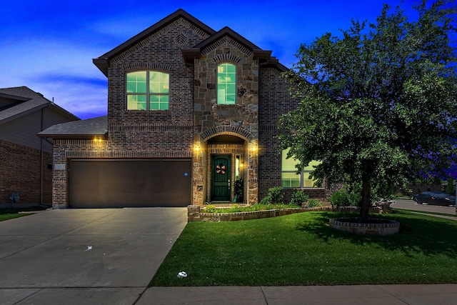 3113 Sangria Ln, Fort Worth, TX 76177 - french provincial home featuring driveway, brick siding, a front lawn, and stone siding