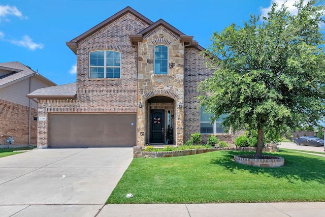 3113 Sangria Ln, Fort Worth, TX 76177 - french provincial home featuring brick siding, a front lawn, driveway, and stone siding