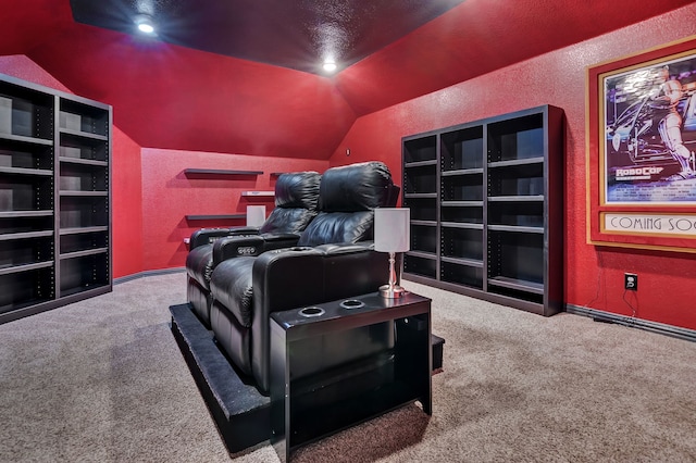 3113 Sangria Ln, Fort Worth, TX 76177 - home theater with carpet floors, a textured wall, and lofted ceiling