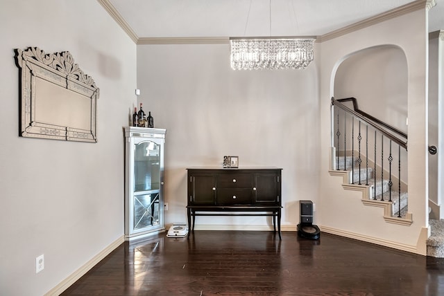 3113 Sangria Ln, Fort Worth, TX 76177 - dining area with wood finished floors, ornamental molding, a chandelier, and stairway