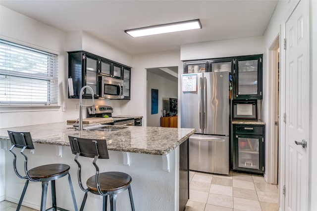 4223 Wild Plum Dr, Carrollton, TX 75010 - kitchen featuring appliances with stainless steel finishes, a peninsula, dark cabinetry, glass insert cabinets, and a breakfast bar