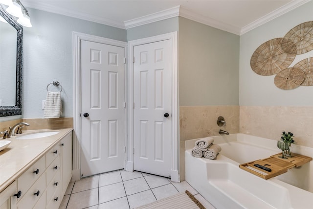 13914 Overlook Ln, Forney, TX 75126 - bathroom with tile patterned flooring, vanity, a bath, and crown molding