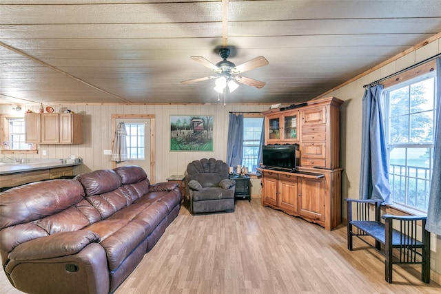13914 Overlook Ln, Forney, TX 75126 - living area with plenty of natural light, light wood-style flooring, ceiling fan, and wood walls