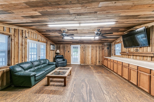 13914 Overlook Ln, Forney, TX 75126 - living room with wood ceiling, vaulted ceiling, dark wood finished floors, wooden walls, and a ceiling fan