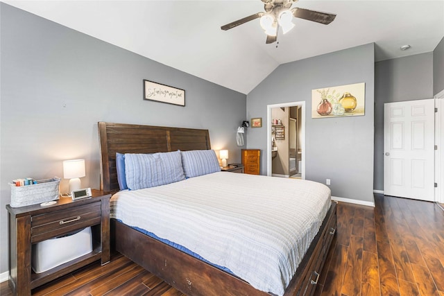 5608 Aberdeen Ct, Temple, TX 76502 - bedroom featuring wood finished floors, baseboards, lofted ceiling, a ceiling fan, and connected bathroom