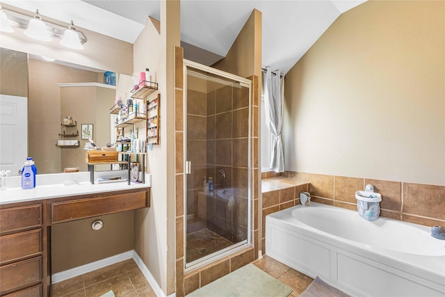 5608 Aberdeen Ct, Temple, TX 76502 - full bath featuring a garden tub, a shower stall, tile patterned flooring, and vanity