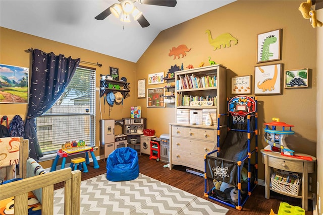 5608 Aberdeen Ct, Temple, TX 76502 - playroom with a ceiling fan, lofted ceiling, and wood finished floors