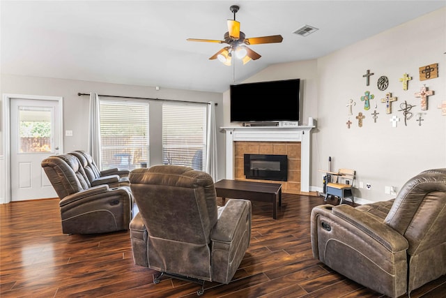 5608 Aberdeen Ct, Temple, TX 76502 - living area featuring a ceiling fan, lofted ceiling, wood finished floors, and a fireplace