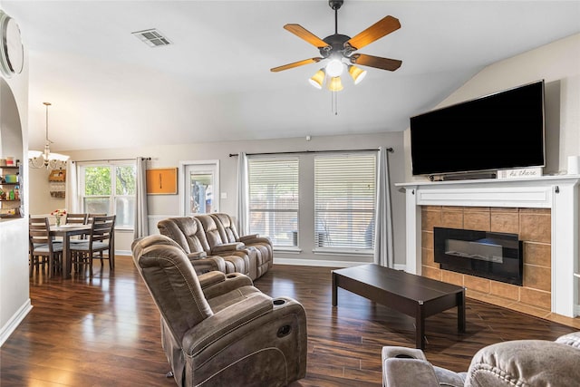 5608 Aberdeen Ct, Temple, TX 76502 - living room featuring vaulted ceiling, ceiling fan, baseboards, wood finished floors, and a fireplace