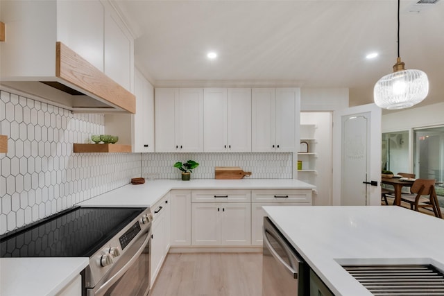 3605 Jomar Dr, Plano, TX 75075 - kitchen with appliances with stainless steel finishes, open shelves, light countertops, white cabinets, and recessed lighting