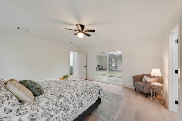 3605 Jomar Dr, Plano, TX 75075 - bedroom featuring light wood-style flooring, ceiling fan, baseboards, and access to exterior