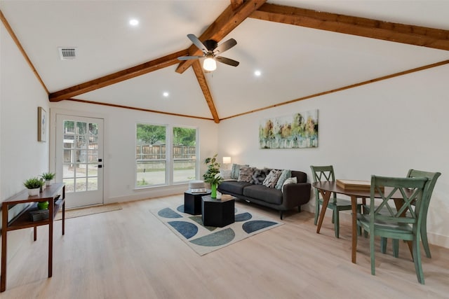 3605 Jomar Dr, Plano, TX 75075 - living area featuring beam ceiling, light wood-style flooring, recessed lighting, ceiling fan, and high vaulted ceiling