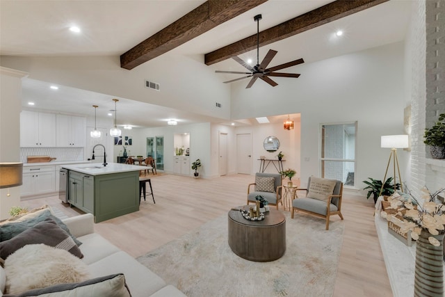 3605 Jomar Dr, Plano, TX 75075 - living area with light wood-style floors, ceiling fan, beamed ceiling, recessed lighting, and high vaulted ceiling