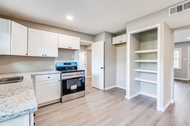 6632 Avalon Dr, Watauga, TX 76148 - kitchen with stainless steel range with electric stovetop, white cabinetry, light wood-type flooring, baseboards, and light stone countertops