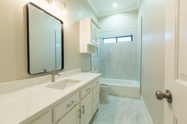 2302 Tiffany Ct, Garland, TX 75043 - bathroom featuring toilet, vanity, crown molding, shower / bathtub combination, and marble finish flooring