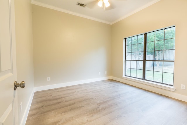 2302 Tiffany Ct, Garland, TX 75043 - empty room featuring ornamental molding, ceiling fan, light wood-type flooring, and baseboards