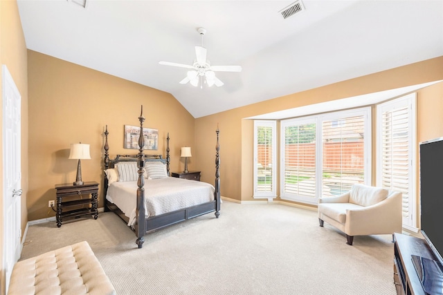15534 Fox Meadow Ln, Frisco, TX 75035 - bedroom featuring light colored carpet, lofted ceiling, baseboards, access to outside, and a ceiling fan