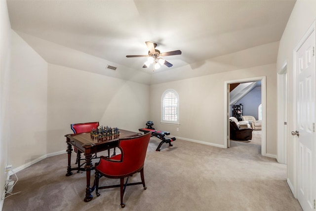 15534 Fox Meadow Ln, Frisco, TX 75035 - dining room with light carpet, ceiling fan, and baseboards