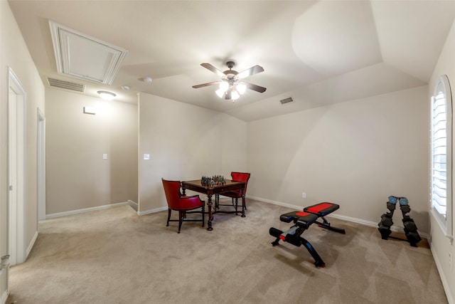 15534 Fox Meadow Ln, Frisco, TX 75035 - exercise area featuring attic access, light carpet, healthy amount of natural light, and a ceiling fan