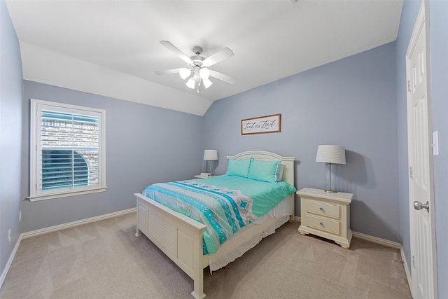 15534 Fox Meadow Ln, Frisco, TX 75035 - bedroom featuring light colored carpet, baseboards, vaulted ceiling, and ceiling fan