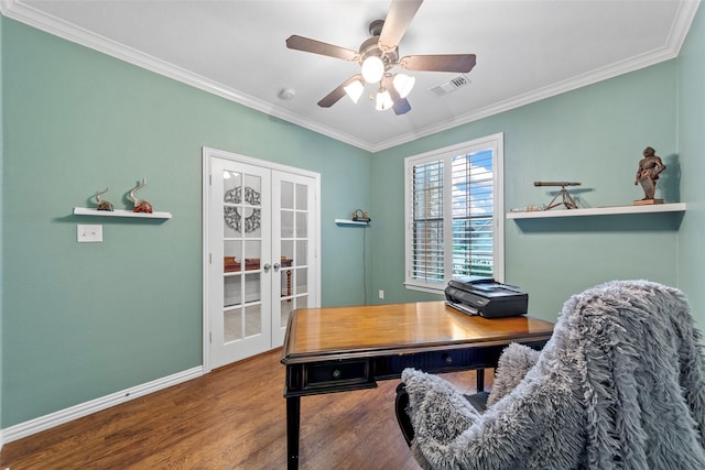 15534 Fox Meadow Ln, Frisco, TX 75035 - office space with wood finished floors, ornamental molding, french doors, ceiling fan, and baseboards