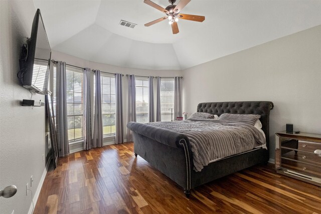 7008 Clipper Dr, Grand Prairie, TX 75054 - bedroom featuring wood finished floors, lofted ceiling, a ceiling fan, and baseboards