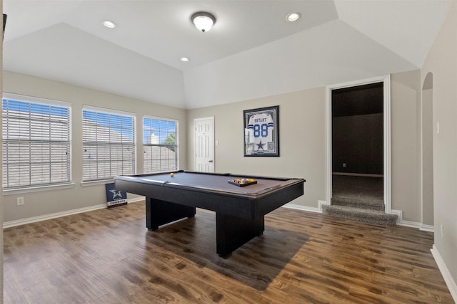 7008 Clipper Dr, Grand Prairie, TX 75054 - game room featuring lofted ceiling, billiards, wood finished floors, arched walkways, and baseboards
