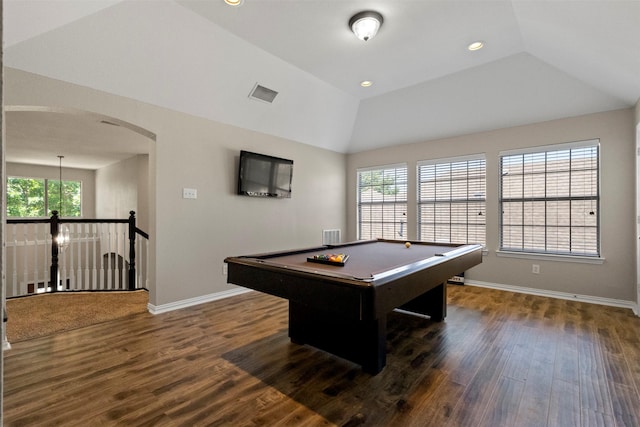 7008 Clipper Dr, Grand Prairie, TX 75054 - playroom with dark wood-type flooring, arched walkways, baseboards, lofted ceiling, and recessed lighting