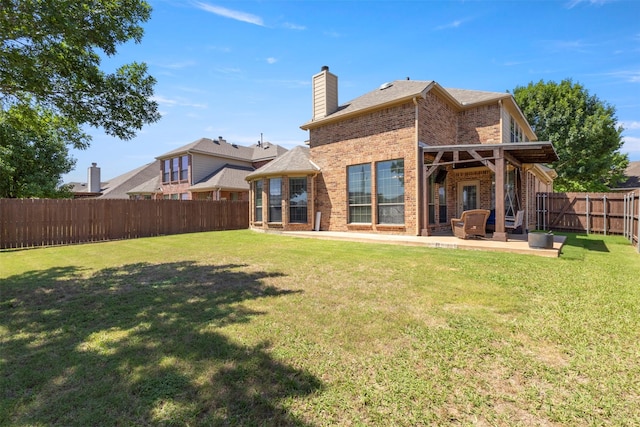 7008 Clipper Dr, Grand Prairie, TX 75054 - back of property featuring brick siding, a patio, and a chimney