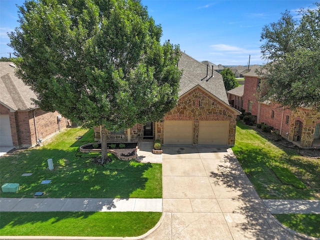 7008 Clipper Dr, Grand Prairie, TX 75054 - view of front of property featuring stone siding, an attached garage, concrete driveway, a front lawn, and a shingled roof