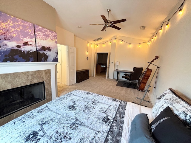 2016 Azure Pointe, Richardson, TX 75080 - living area with vaulted ceiling, ceiling fan, carpet, a fireplace, and track lighting