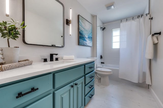 928 Westbrook Dr, Plano, TX 75075 - bathroom featuring vanity, toilet, shower / tub combo, and marble finish floors