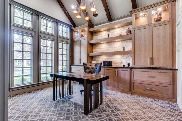 2709 Redding Dr, Plano, TX 75093 - office area with beam ceiling, dark colored carpet, healthy amount of natural light, a chandelier, and high vaulted ceiling